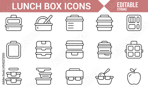 Set of Lunch Box Icons Featuring Bento, Meal Prep, and Food Storage Containers