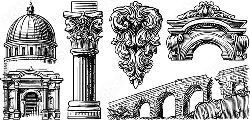 Intricate set of byzantine dome and baroque cartouche elements for architectural design