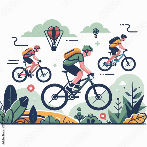 Three cyclists with backpacks are biking outdoors with trees balloons and stylized scenery