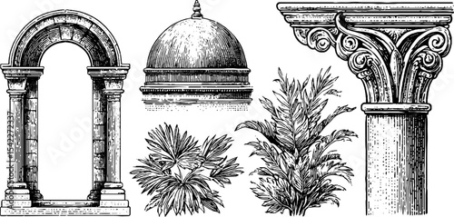 Byzantine domes and egyptian architecture elements for historical design