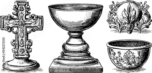 Historical artifacts featuring byzantine cross and gothic chalice design for educational use