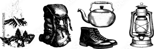 Rustic camping gear collection featuring campfire, backpack, kettle, boots, and lantern