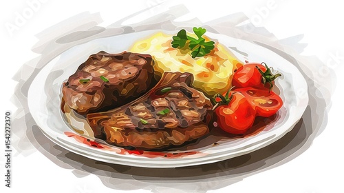 Grilled lamb chops with potatoes and tomatoes