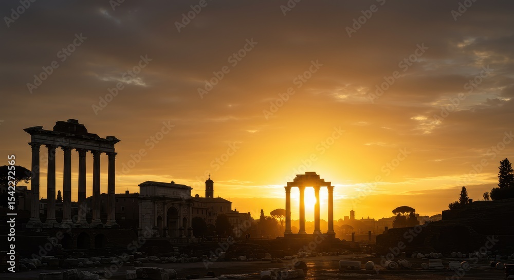 Fototapeta premium Roman ruins at sunrise. Silhouettes of ancient structures against a vibrant sunrise