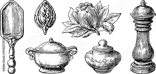 Vintage culinary tools with baroque and celtic designs for kitchen decor