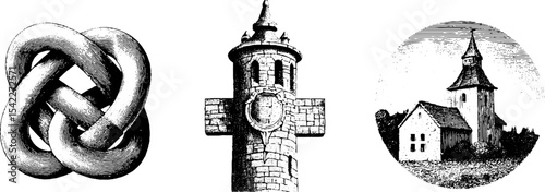 Celtic knot design and round tower architecture for cultural and historical themes