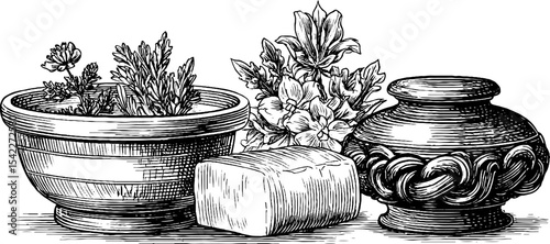Celtic and french dairy set with textured butter, curd bowl, and floral elements for culinary design