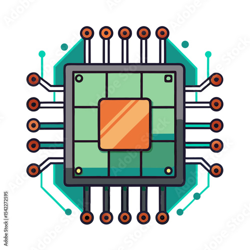 Conceptual stylized microchip illustration with Transparent background and vibrant colour accents
