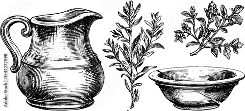 Vintage ceramic pitcher and bowl with botanical elements design for decor