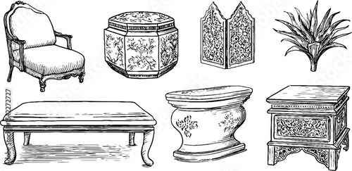 Elegant chinese folding screen panels and ottoman set: classic furniture collection for interior design