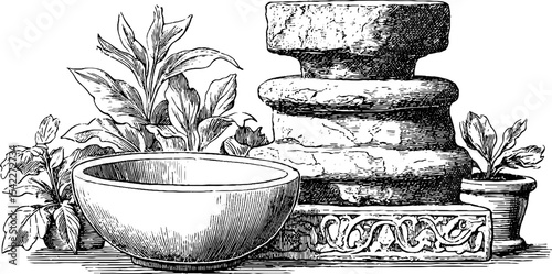 Rustic stone basin and carved pillar with decorative plant arrangement for artistic design
