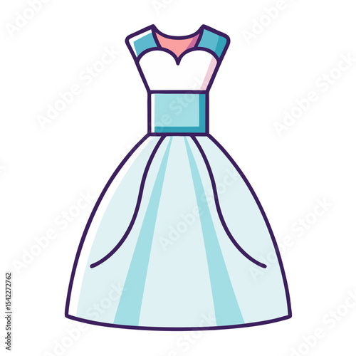 A stylish cartoon white dress with blue accents on a Transparent background