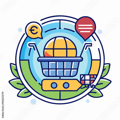 Colorful illustration of global online shopping and international business transactions concept