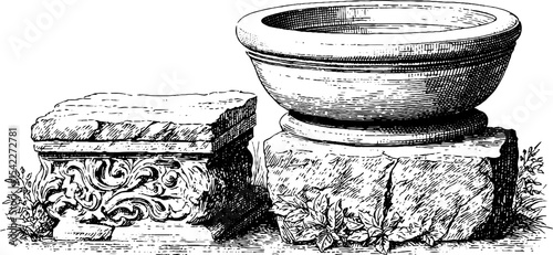 Antique chiseled stone basin and carved pillar fragment for historical design