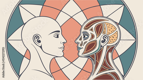 Illustration of two stylized faces facing each other with a geometric patterned background in pastel colors