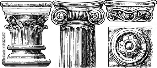 Classical architecture elements: set of pediment plans and load bearing wall details for design