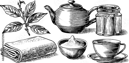 Traditional tea set with clay teapot, bamboo handle, and tea leaves illustration