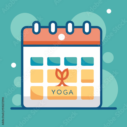 Stylized illustration of a yoga class scheduled on a calendar icon