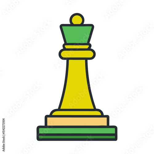 Stylized Chess Queen Piece in Green and Yellow with Black Outlines