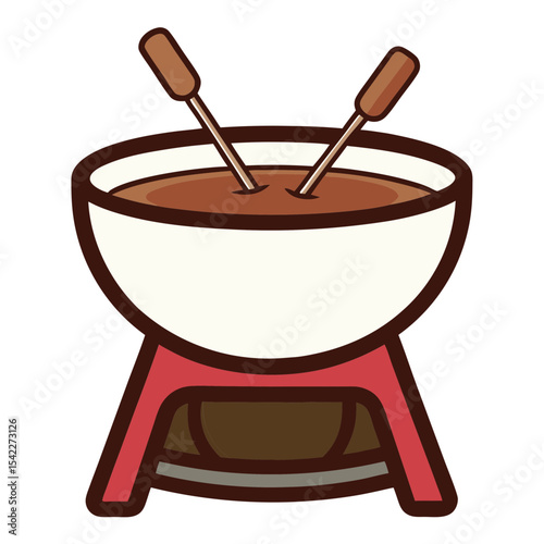 Vector art of a chocolate fondue set with dipping sticks, simple design