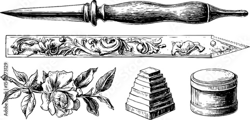 Colonial bootmaker's awl and roman tile cutter with decorative elements