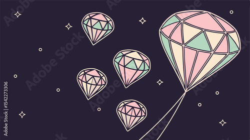 Illustration of several pastel colored diamonds floating against a dark blue background with stars and circles