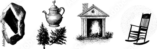 Rustic cottage elements: window, curtain, teapot, trees, fireplace, rocking chair for home decor