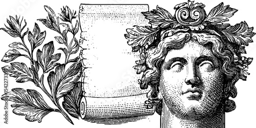 Ancient greek artifacts illustration with scroll and laurel wreath
