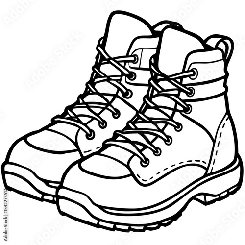 A hand drawn sketch hiking boots line art vector icon illustration on white background.