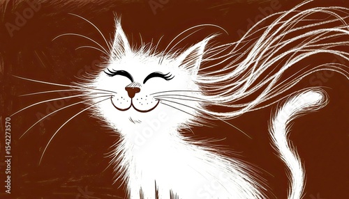 A cute, smiling white cat with long whiskers and flowing fur against a brown background. The cat appears happy and playful, showcasing its joyful expression.
