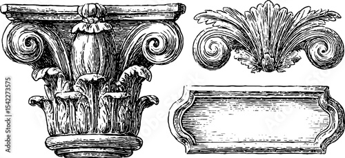 Ornate architectural scrolls and capital design elements for decorative crafts
