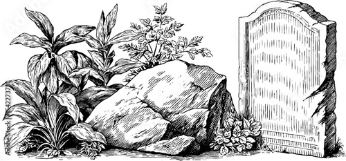 Rustic garden design with curved stone plaque and foliage