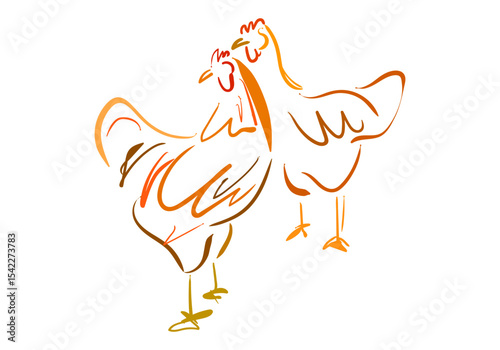 This image features a simplified, light-colored illustration of a hen