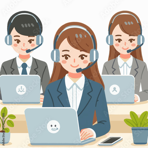 Three smiling call center workers wear headsets and sit behind laptops