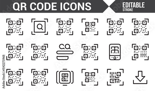 Line Art QR Code Icons Representing Digital, Scanning, and Phone Codes