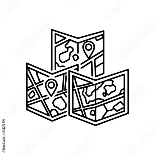 Three stylized unfolded maps each showing roads landmasses and a location marker