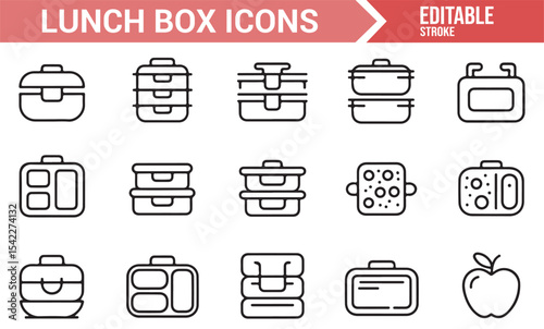 Icons Representing Bento Boxes, Lunch Containers, and Meal Prep in Simple Line Art