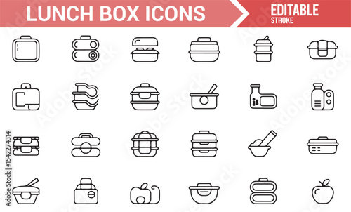 Set of Clean Icons for Lunch Boxes, Food Storage, and Meal Preparation