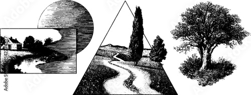 Digital glitch and distortion with abstract landscape and nature elements