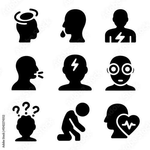 Hypertension Symptoms Icons. Solid style icons of hypertension symptoms: dizziness, nosebleed, chest pain, shortness of breath,