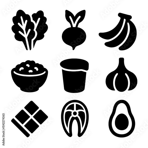 Blood Pressure Foods. Solid style icons of blood pressure control foods: leafy greens, beetroot, banana bunch, oatmeal bowl,