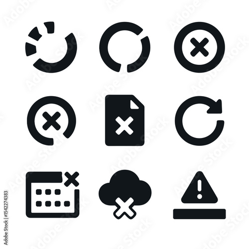 Error Icons Collection. Solid style icons of loading errors: broken loader, interrupted circle, red cross in progress, failed