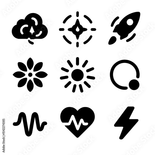 Creative Loading Icons. Solid style icons of creative loading symbols: cloud spinner, compass rotation, rocket spinning, flower