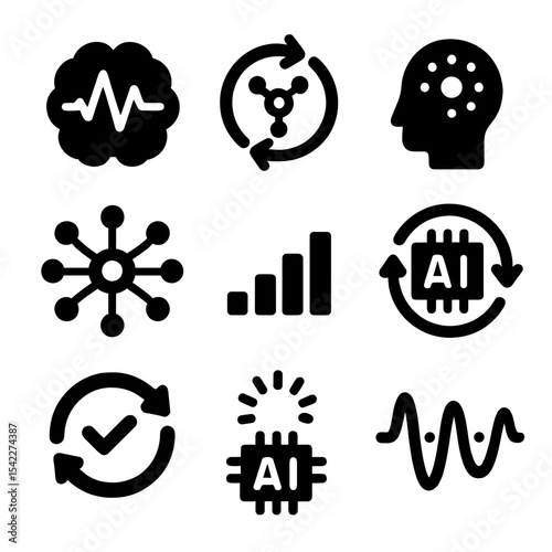 AI Loading Icons. Solid style icons of AI processing loaders: brain pulse, neural loop, thinking spinner, algorithm sync,