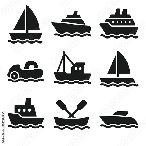 Ocean Transport Icons. Solid style icons of ocean transport: sailboat, motorboat, cruise ship, paddle boat, fishing boat, ferry,