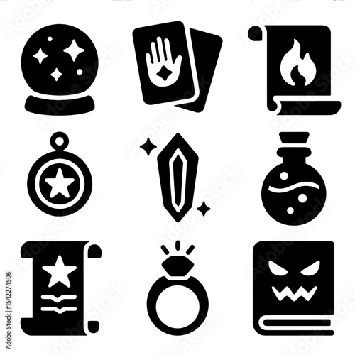 Magical Item Icons. Solid style icons of magical items: crystal ball, tarot cards, ancient scroll, magic amulet, glowing gem,