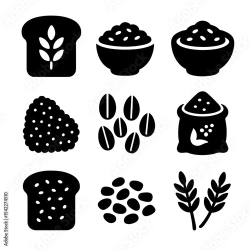 Whole Grain Icons. Solid style icons of whole grains: whole wheat bread, brown rice bowl, oatmeal bowl, quinoa, barley grains,