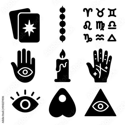Mystic Halloween Icons. Solid style icons of Halloween tarot and mystic: tarot deck, moon phase chart, zodiac signs, hand with eye