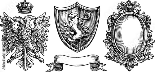 Ornate heraldic set featuring double-headed eagle crest, lion shield, and decorative frame
