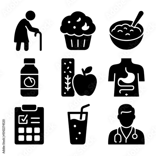 Elderly Fiber Essentials. Solid style icons of fiber for elderly: elderly person icon, soft fiber foods, oatmeal bowl with spoon,